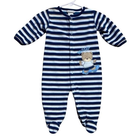 Vintage Babyworks Striped Footed Sleeper (3-6 Months) – Skater‎ Bear Embroidery - Picture 1 of 11